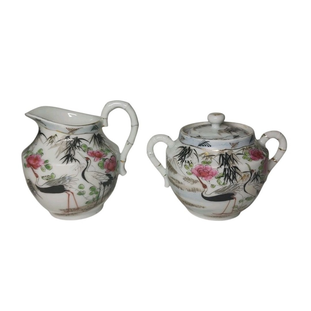 Vintage Japanese Porcelain Gold-Trim Crane-Themed Cream & Sugar Set